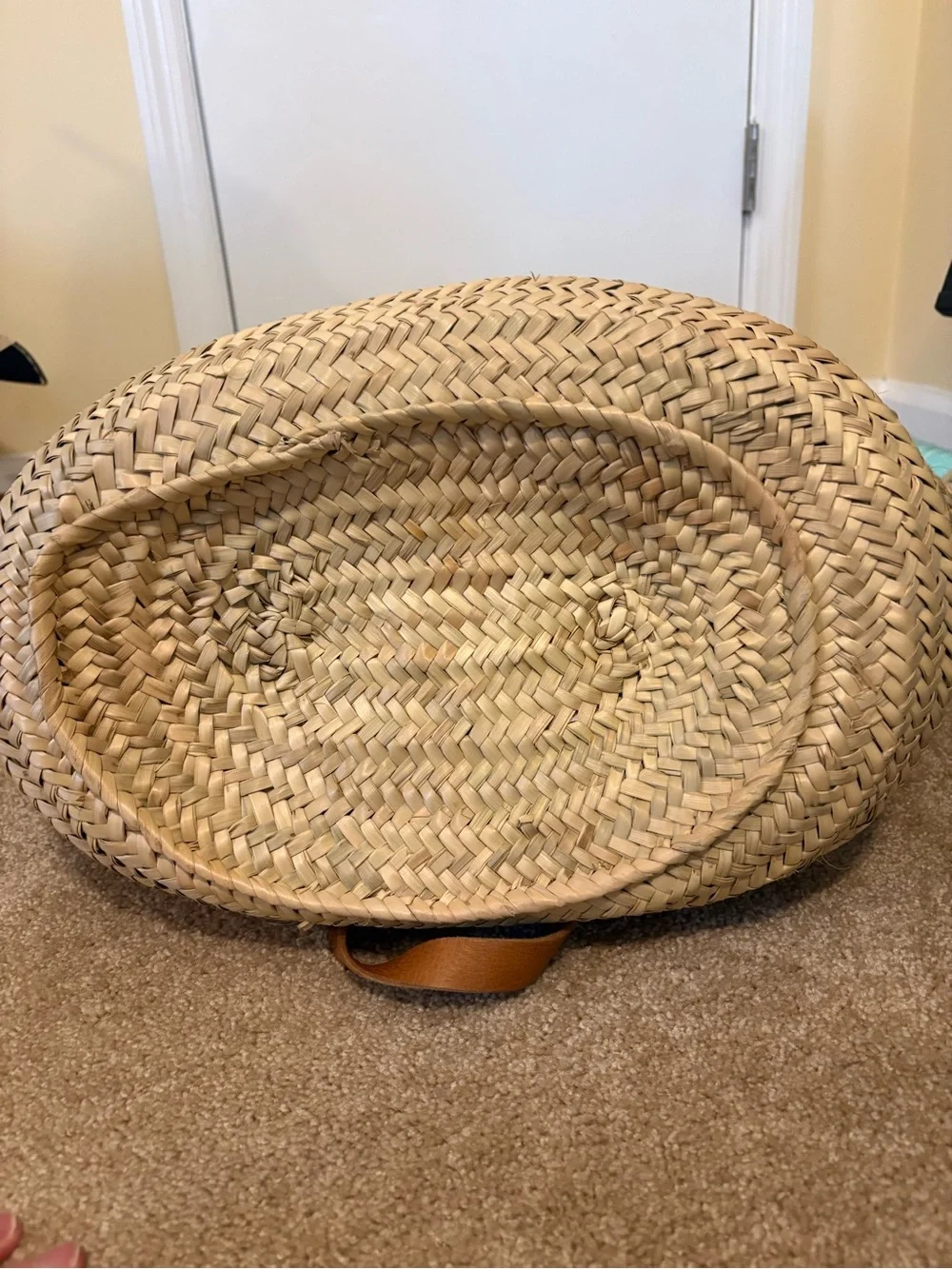 Woven Straw Tote Bag with Brown Leather Handles - Picture 4 of 4